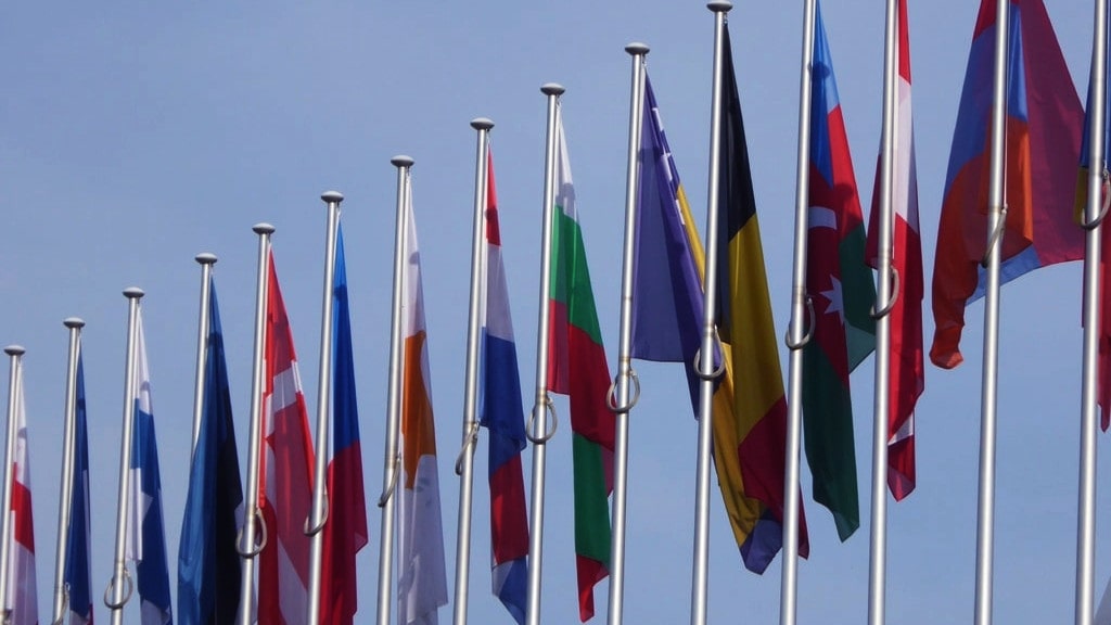 Flags at EU Parliament Brussels