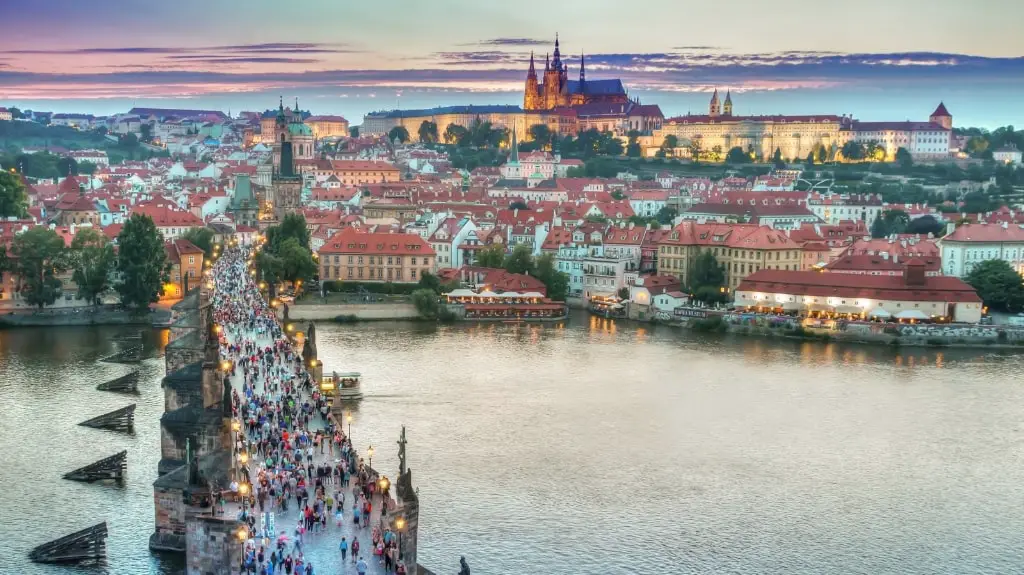 Prague Castle and Crowded Charles Bridge