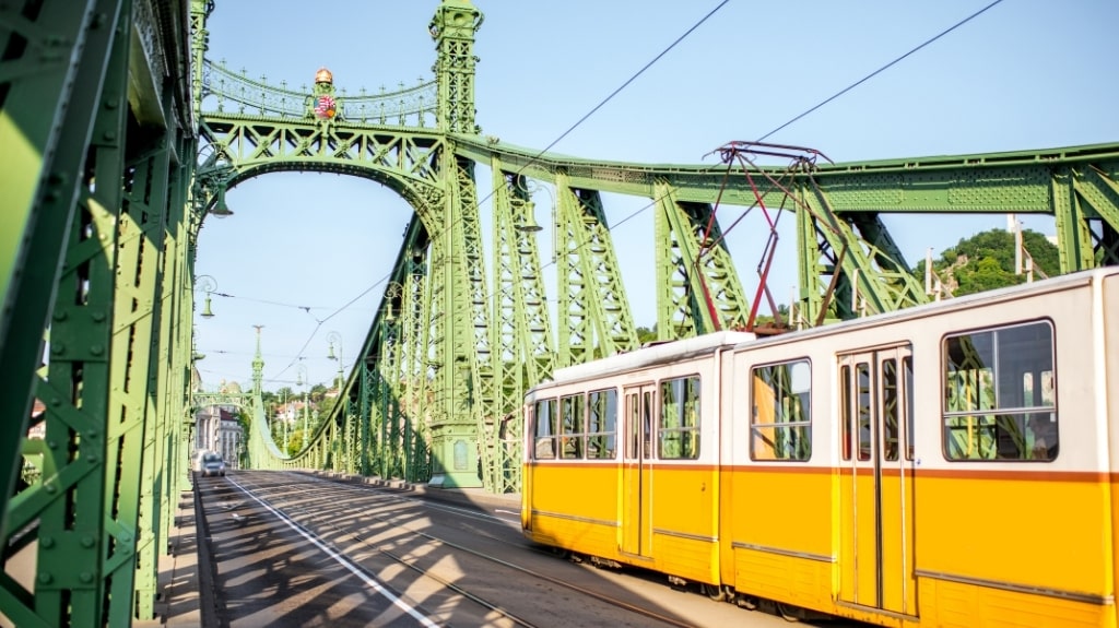 Tram Crossing the Liberty Bridge Budapest